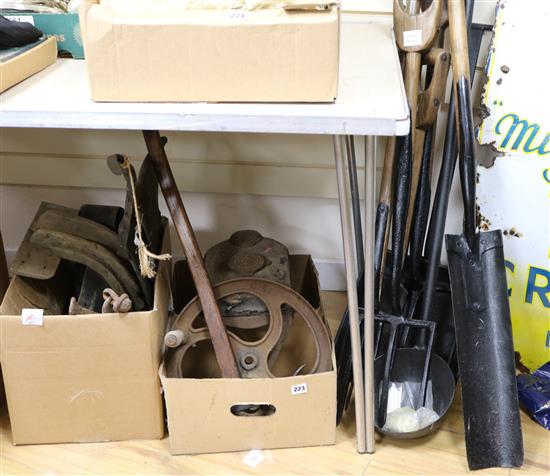 Iron hames, harness, etc. a set of blacksmiths bellows, an iron brinstone pan, ladle etc.